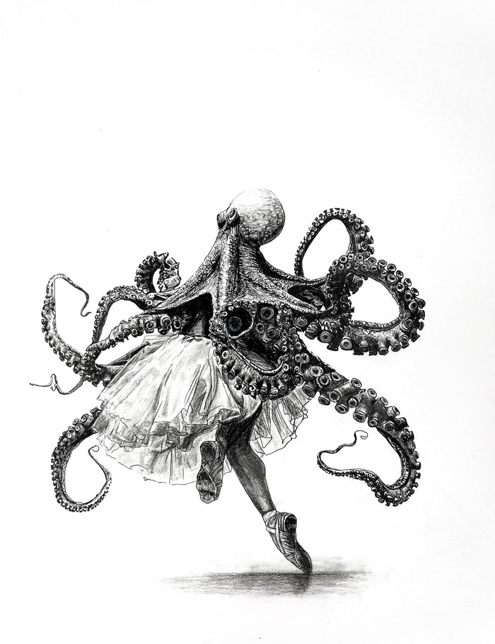 Surreal graphite drawing by Maria: octopus torso with human ballerina legs, delicately posed.
