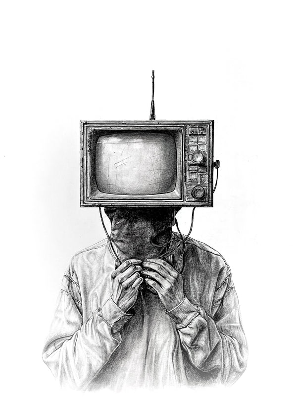 Maria's graphite on artboard sketch: Surreal figure with a vintage TV head, hands covering mouth.