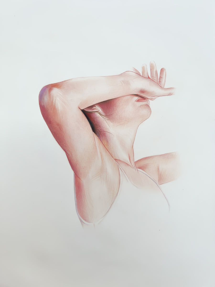 The Quiet Collapse: Original Colored Pencil on Artboard by Phaedra | VanArtHub, an original painting in the The Feminine Form: Figurative Art Celebrating Womanhood | VanArtHub collection