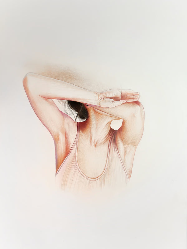 Woman's back, pastel palette, clasped hands covering face. Colored pencils on artboard by Phaedra.