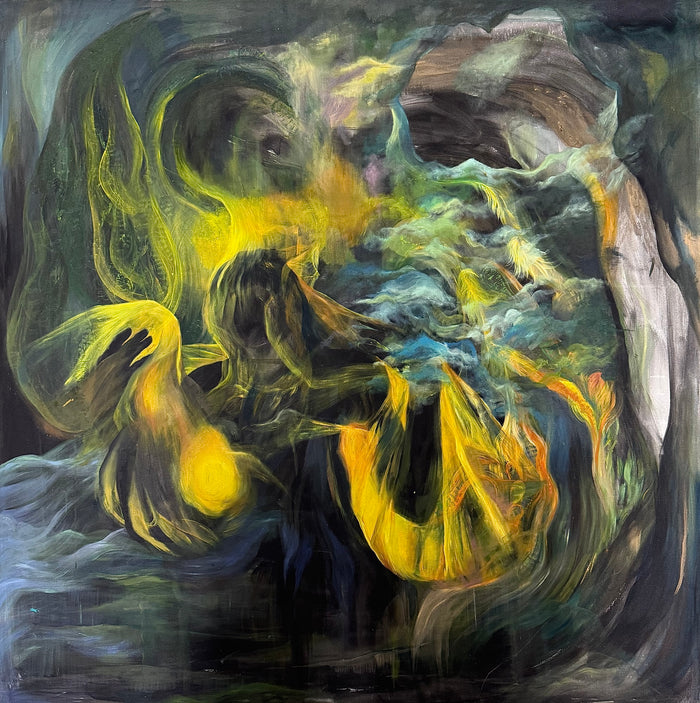 Roshan. Abstract painting: swirling yellow/green, dark shapes. Acrylic/Oil on Canvas.
