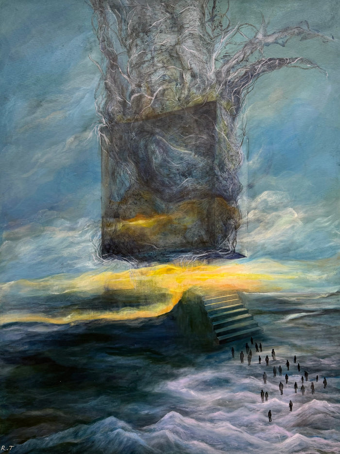 Roshan's acrylic and pen surreal landscape: a luminous gold path to stairs climbing towards a dark, floating cube.