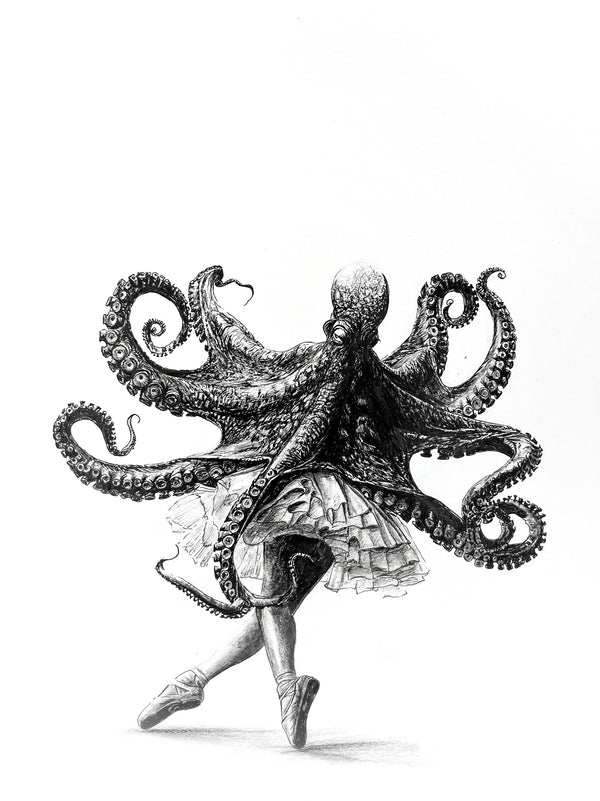A black and white graphite drawing of an octopus with a ruffled skirt and pointe shoes dancing, by Maria.