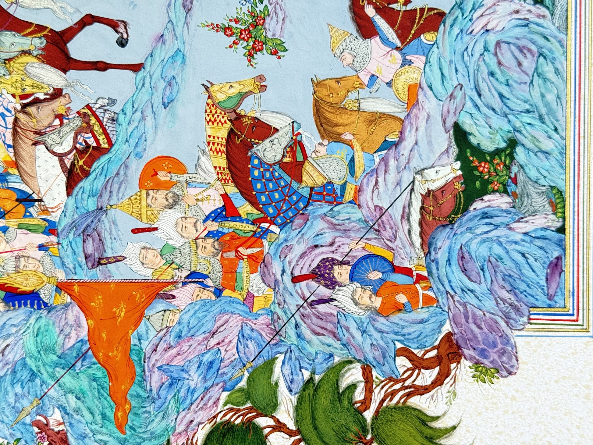 Detail of Naghsh-e Khial by Kamal al-Din Ghotb: mounted warriors in white turbans and gold conical helmets, a dark red horse in blue-and-gold quilted armour, an orange pennant and stylised blue-violet rocks