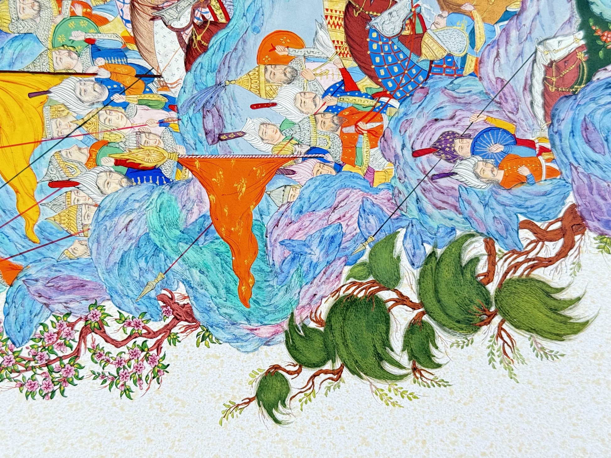 Detail of Naghsh-e Khial by Kamal al-Din Ghotb: ranks of turbaned soldiers with lances and an orange pennant above the lower margin, where pink blossom branches and green trees meet the speckled cream paper