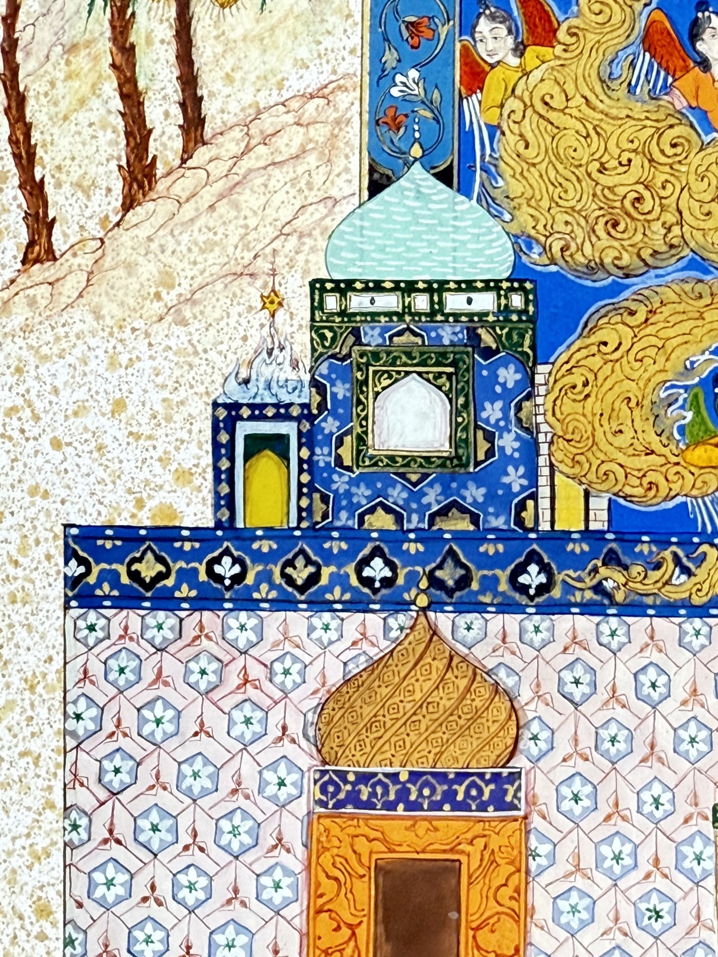 Detail: the tiled mosque at lower left with a turquoise onion dome, a spiral gold dome, blue mosaic panels of white blossoms and star-and-hexagon tilework, date palms on the speckled hillside and angels in gold clouds above - Mi'raj: The Night Journey, Kamal al-Din Ghotb.
