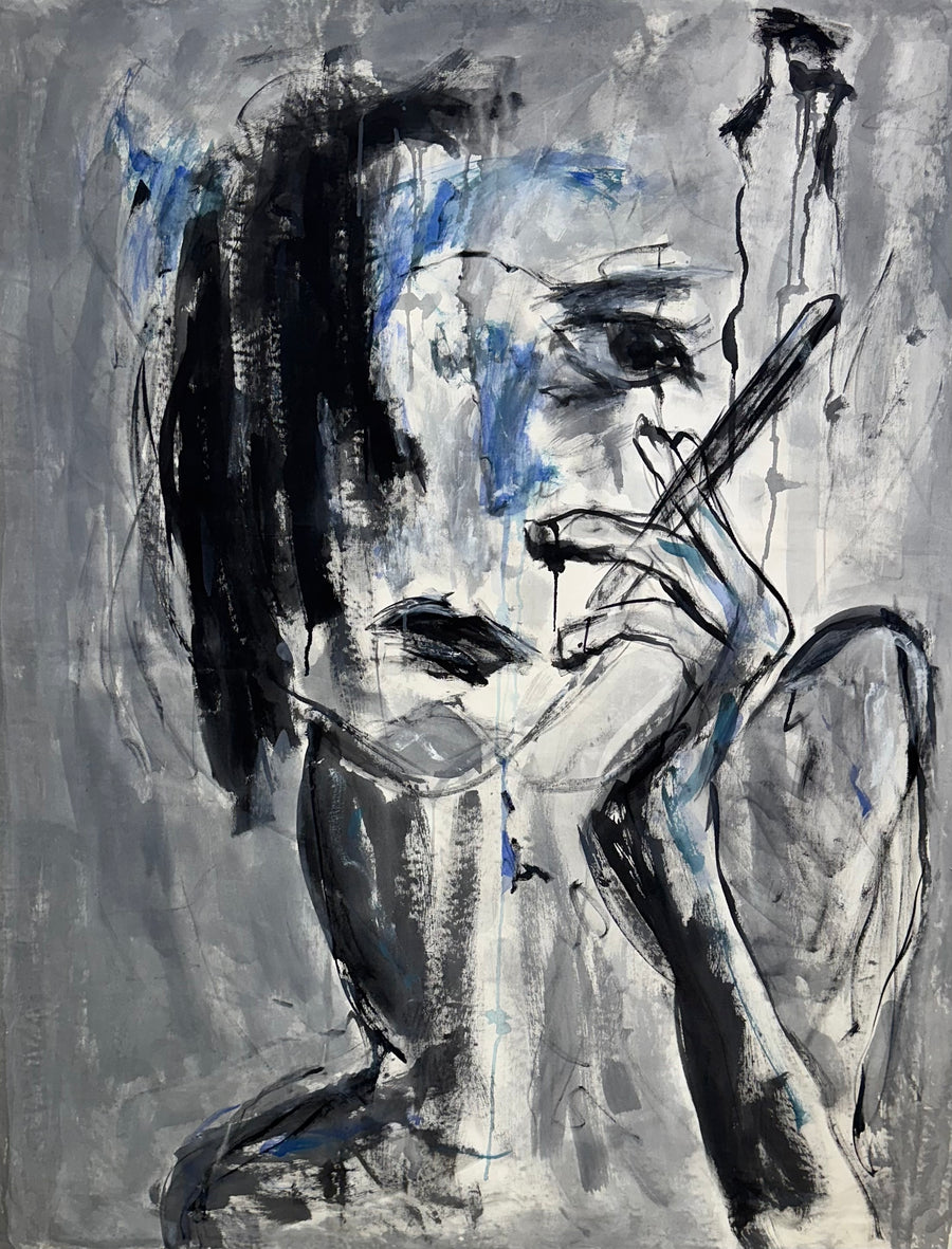 Cigarette Between Fingers: Original Oil on Canvas by Ziba Vishteh | VanArtHub, an original painting in the Portraiture collection