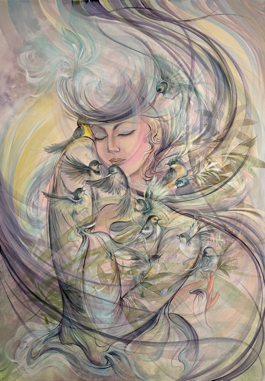 Whisper of Flight: Original Acrylic on Canvas by Marjan Mousavi | VanArtHub, an original painting in the Large Statement Paintings collection