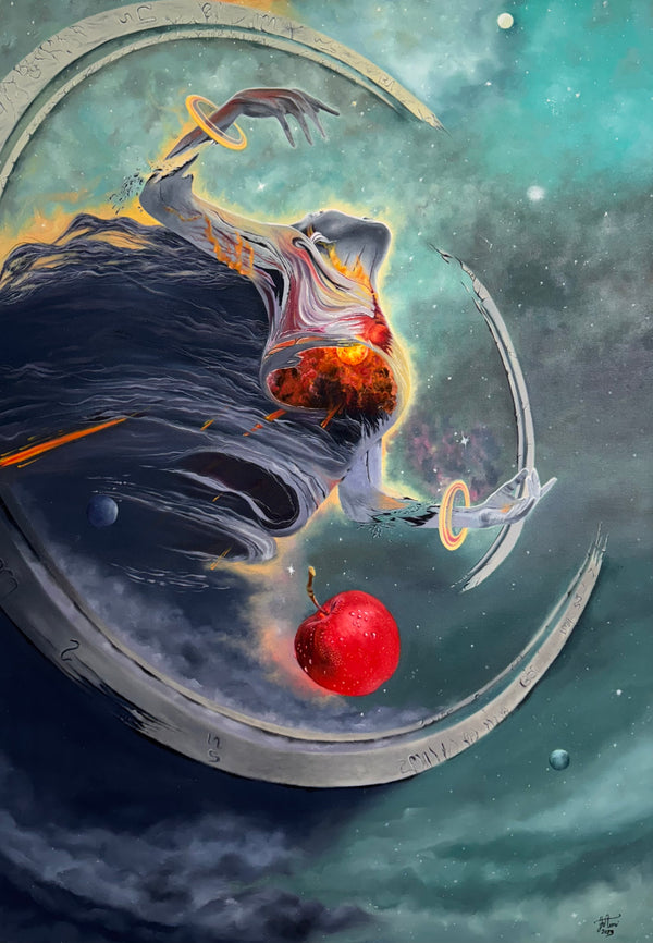 Melina Ghaemi oil painting. Ethereal figure with glowing hands & fiery core descends cosmic sky towards radiant earth.