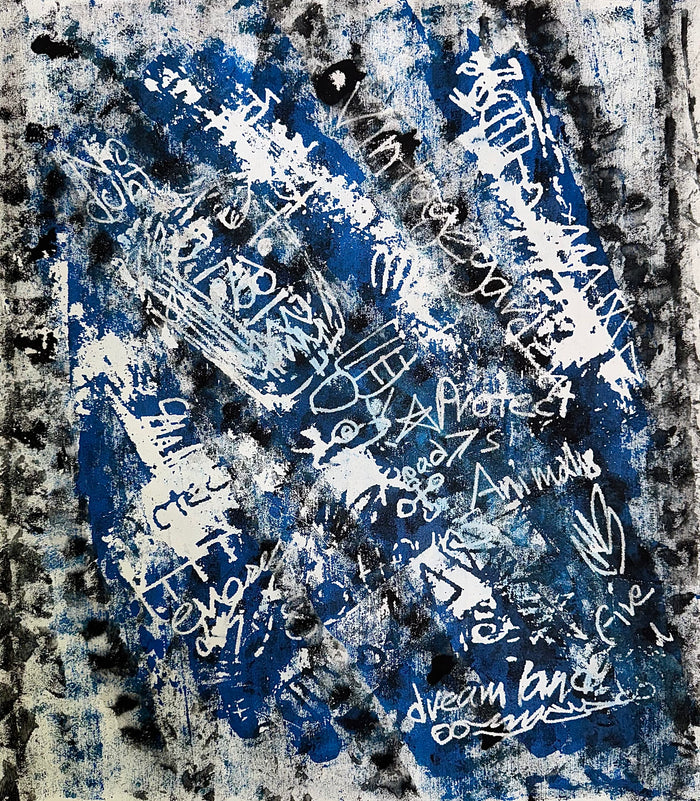 Abstract acrylic painting by Peyman Mehdizadeh. Blue, black, white, textured canvas with white graffiti text.