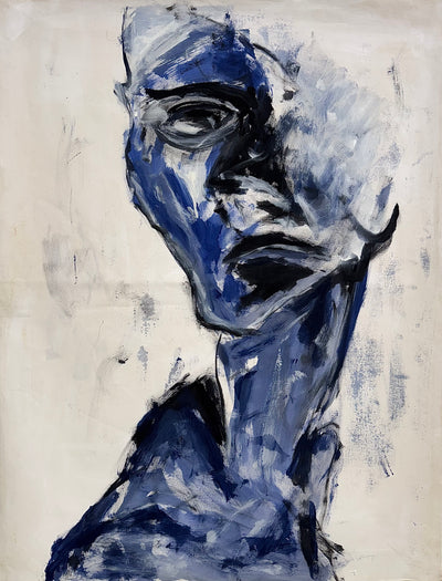 Abstract human face by Ziba Vishteh, bold blue, black, and white acrylic brushstrokes on canvas.