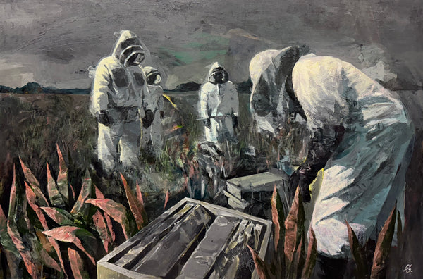 Figures in white suits among dark, spiky plants under a gloomy sky. Acrylic on canvas by Nima Sayadian.