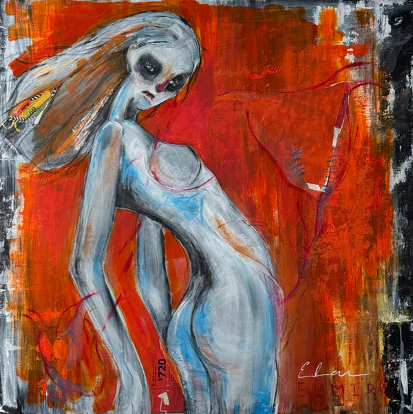 Elmira Hokmabadi: Eerie figure, grey skin, dark eyes. Mixed media art on canvas, orange, red, black.