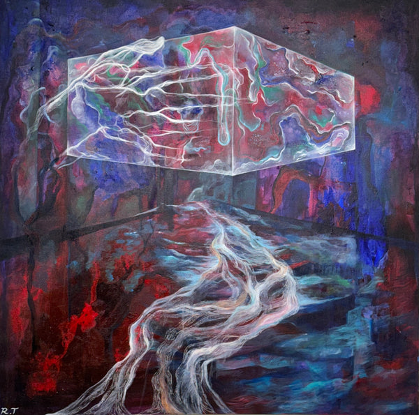 Roshan, Acrylic & Pen on Canvas: Glowing cube above a turbulent river in a dark, moody landscape.