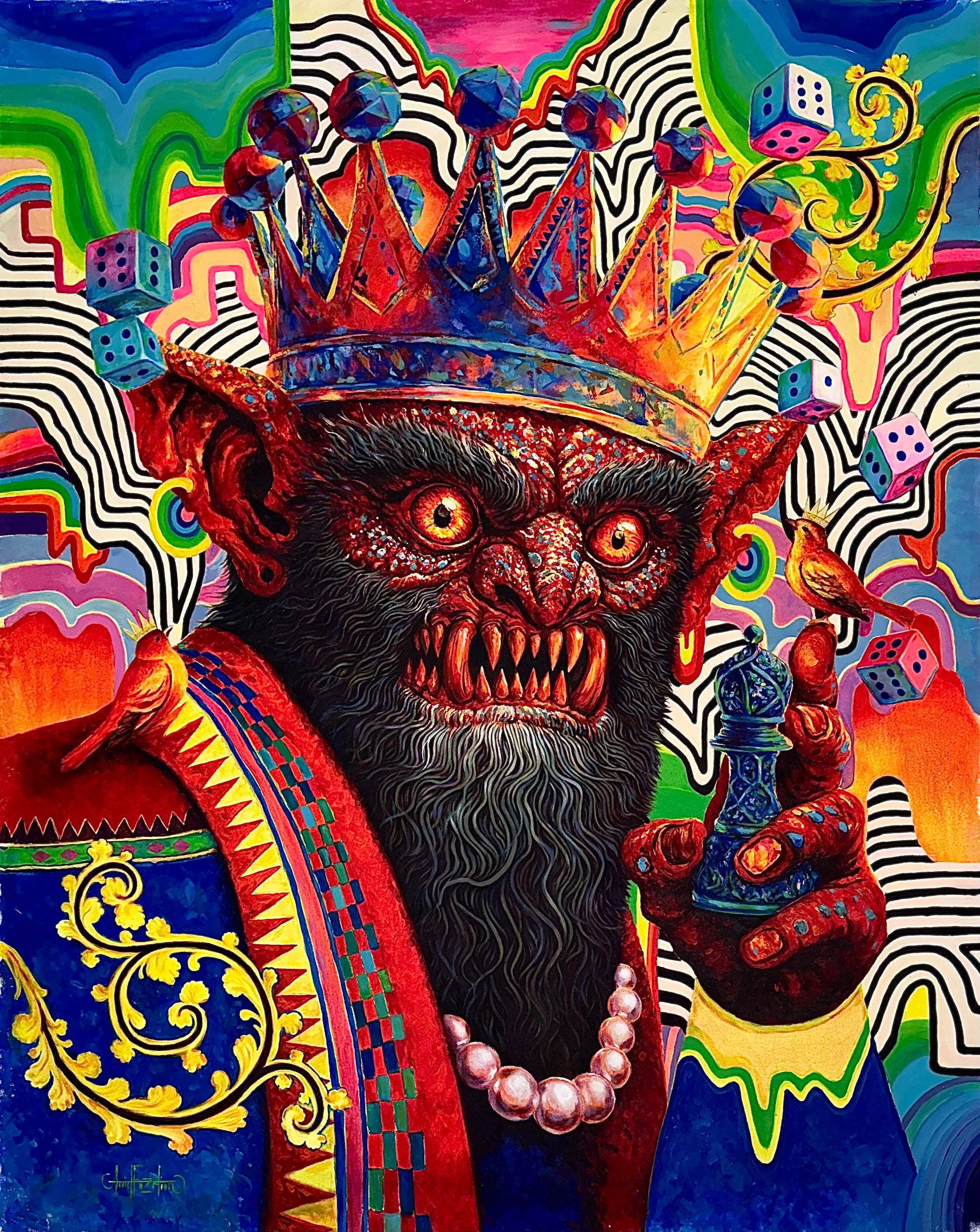 Amir Fazelian acrylic: Fanged horned royal holding blue chess piece, vibrant abstract background.