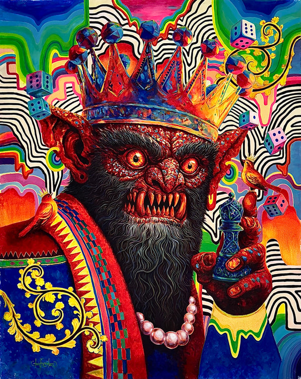 Amir Fazelian acrylic: Fanged horned royal holding blue chess piece, vibrant abstract background.
