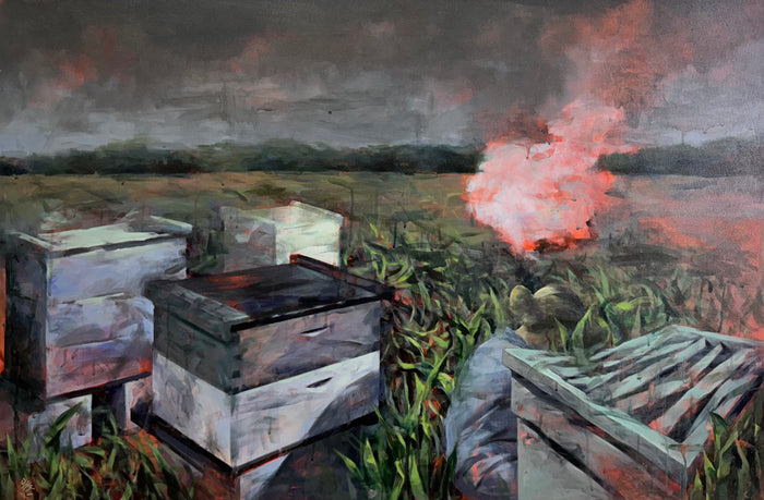 Beehives in dark, overgrown field under smoky sky with orange-pink glow. Acrylic painting by Nima Sayadian.