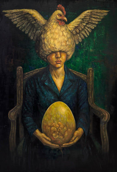 Phaedra's Oil on Canvas: Figure with hen obscuring face, holding cracked egg revealing babies on dark background.
