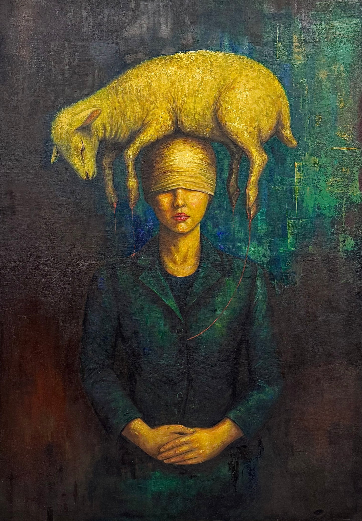 Phaedra oil painting: Blindfolded figure with yellow sheep on head, abstract blue-green background.