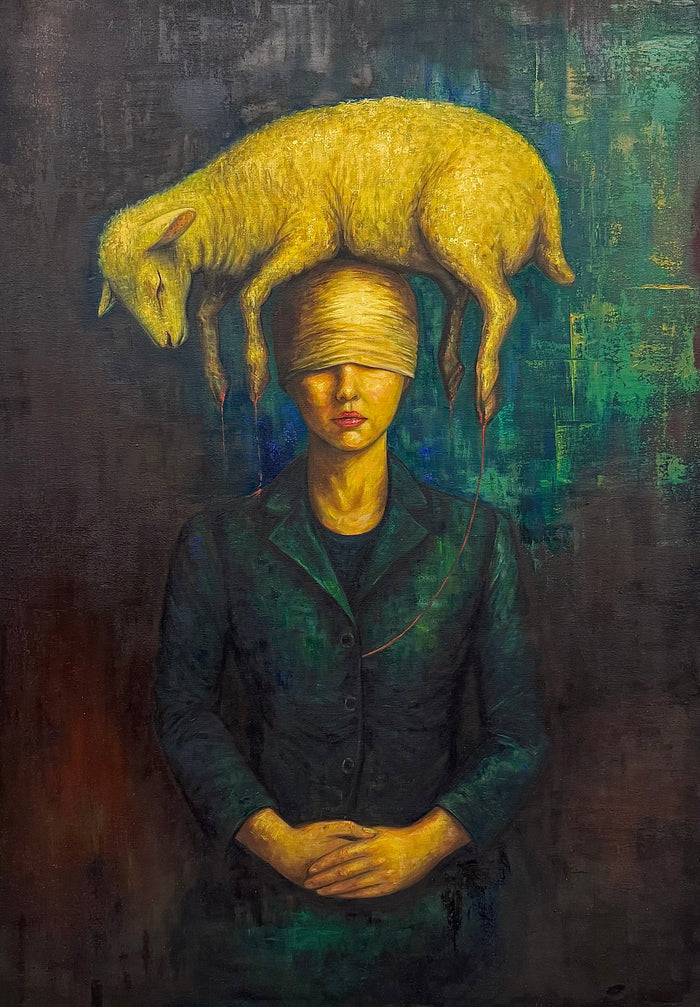 Phaedra oil painting: Blindfolded figure with yellow sheep on head, abstract blue-green background.