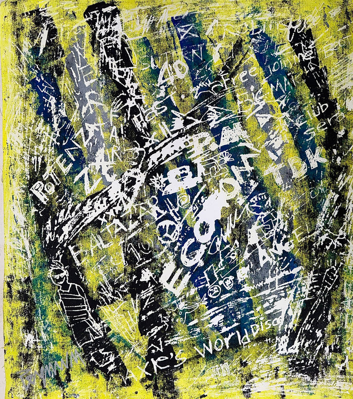 Peyman Mehdizadeh acrylic painting: textured yellow-green background with dark blue, black, and white scribbles.