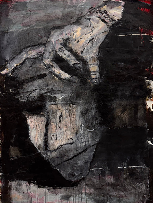 Textured abstract painting by Ziba Vishteh: outstretched hand, somber background with red, acrylic on canvas.