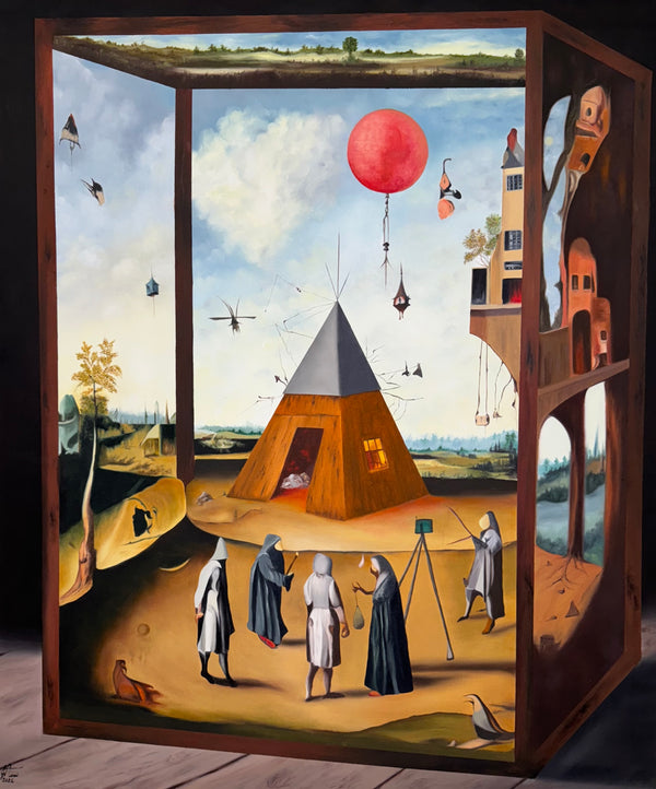 Melina Ghaemi oil on canvas: Cloaked figures gather around a pyramid structure with floating objects in a surreal outdoor s.