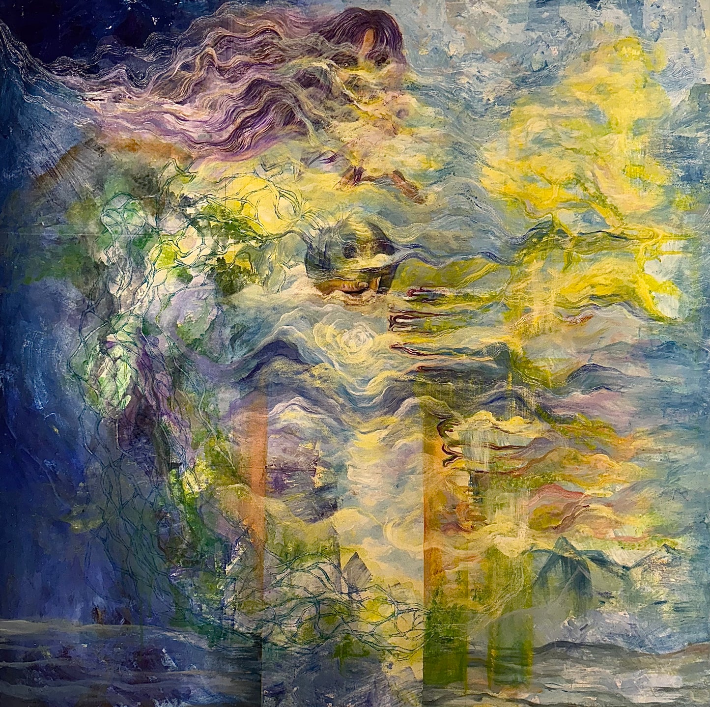 Roshan's acrylic, oil, and pen painting: Abstract veiled figure in flowing muted yellows, blues, and purples.