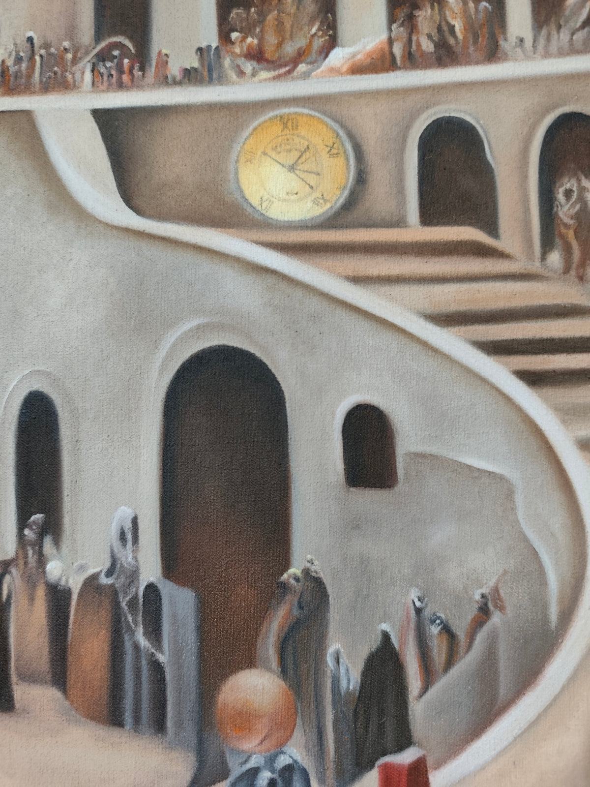 Detail of Why 12? by Melina Ghaemi - a golden clock face with Roman numerals set into a pale wall beneath a curving staircase, hooded figures gathered at dark arched doorways below.