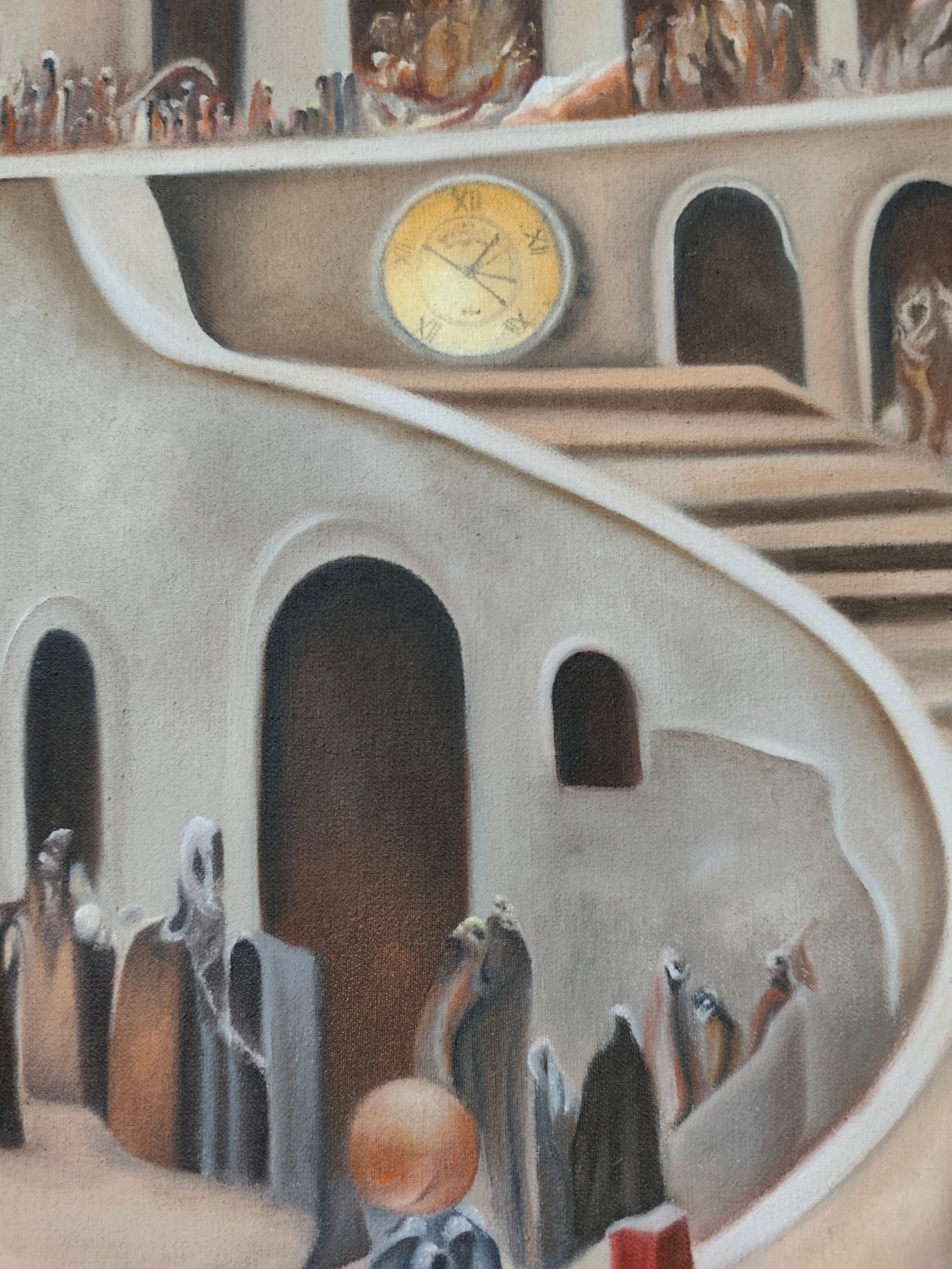 Detail of Why 12? by Melina Ghaemi - a golden clock face with Roman numerals set into a pale wall beneath a curving staircase, hooded figures gathered at dark arched doorways below.
