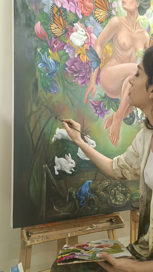 Her Wild Garden by Phaedra, an original surreal oil painting: a seated figure in a garden of flowers, butterflies and white rabbits