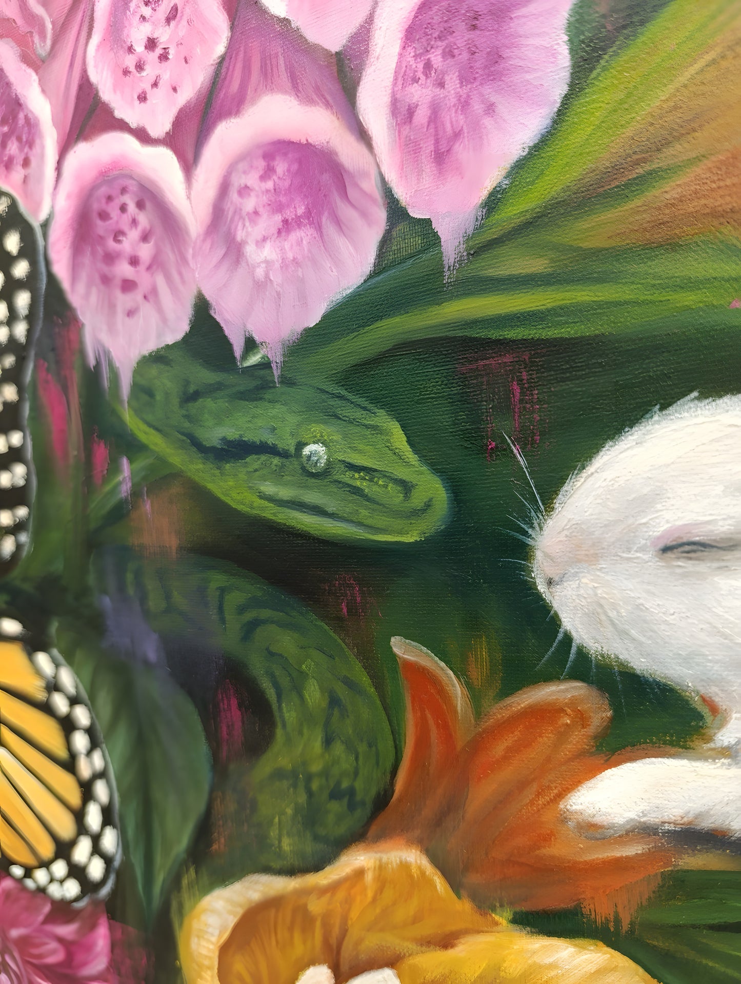 Painting detail: a green snake coils beneath pink foxglove bells while a white rabbit sleeps beside orange petals - Ecstasy in a Temporary Paradise by Phaedra
