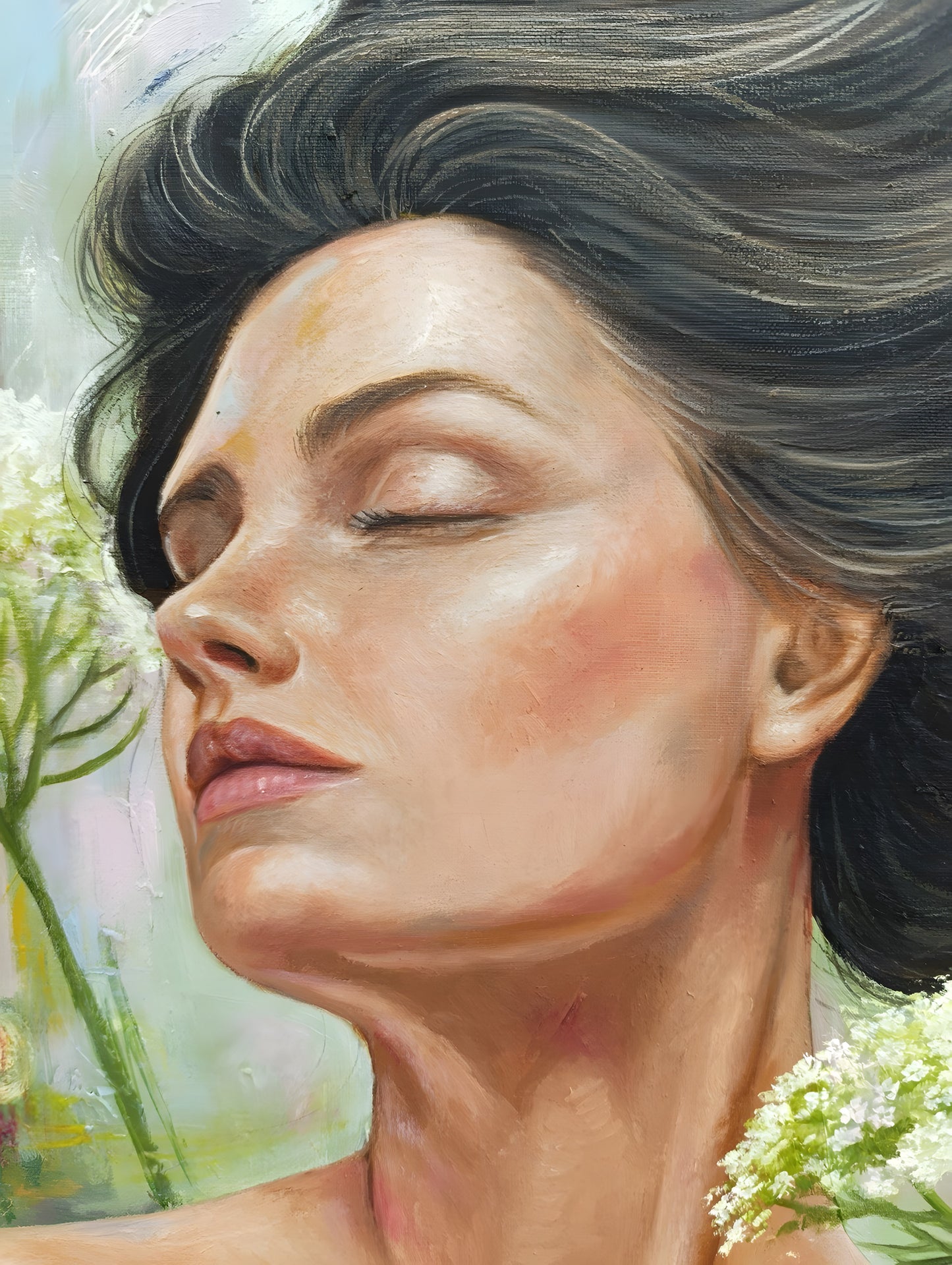 Painting detail: the woman's face in profile with closed eyes and dark hair sweeping upward, framed by white Queen Anne's lace - Ecstasy in a Temporary Paradise