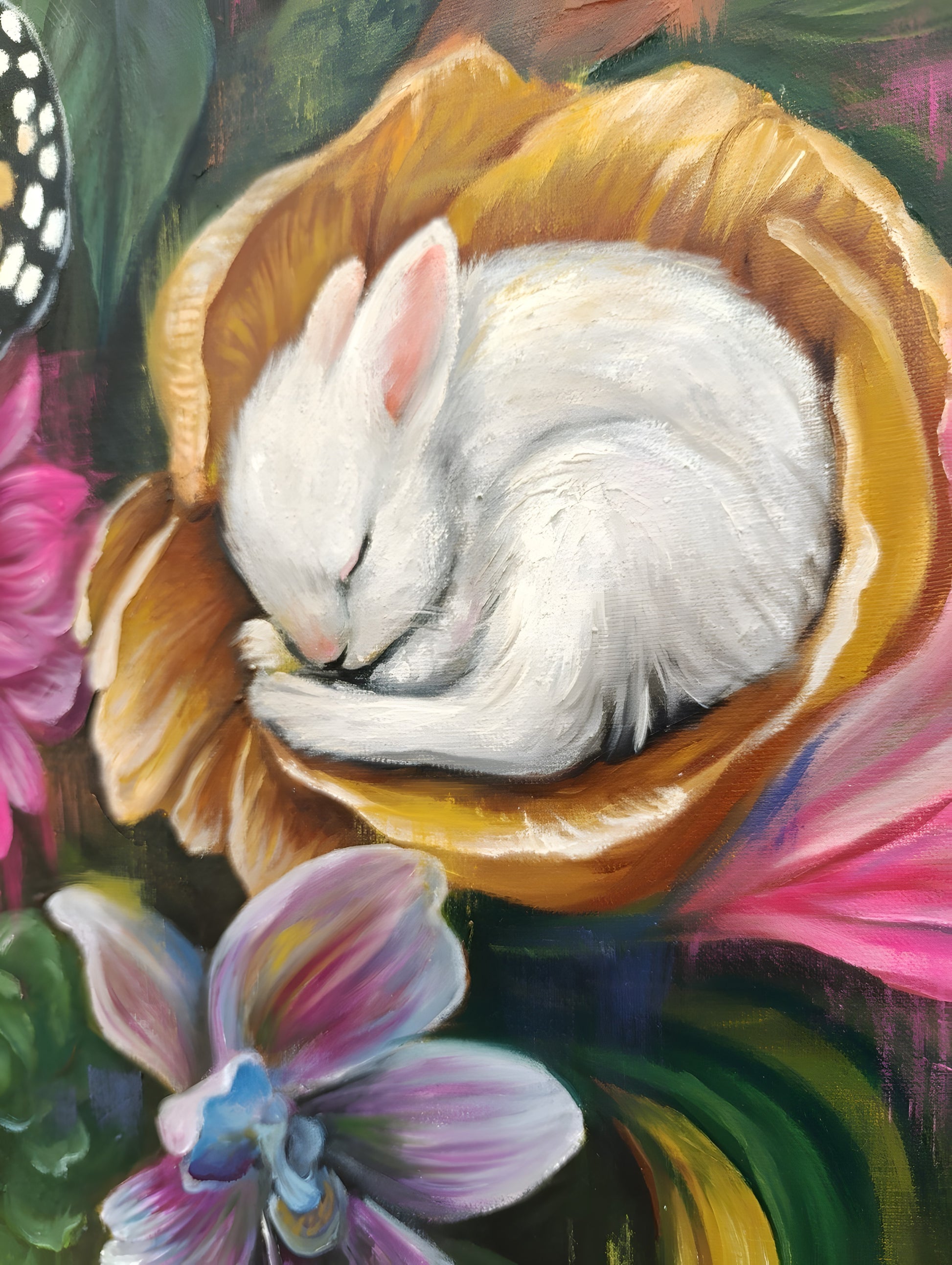 Painting detail: a white rabbit curled asleep inside a golden cupped flower, surrounded by pink lilies and an orchid - Ecstasy in a Temporary Paradise