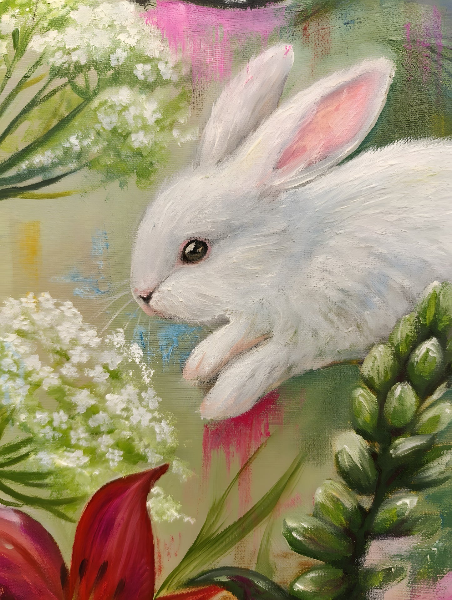 Painting detail: a white rabbit resting among white Queen Anne's lace and green buds with a red lily petal below - Ecstasy in a Temporary Paradise oil painting