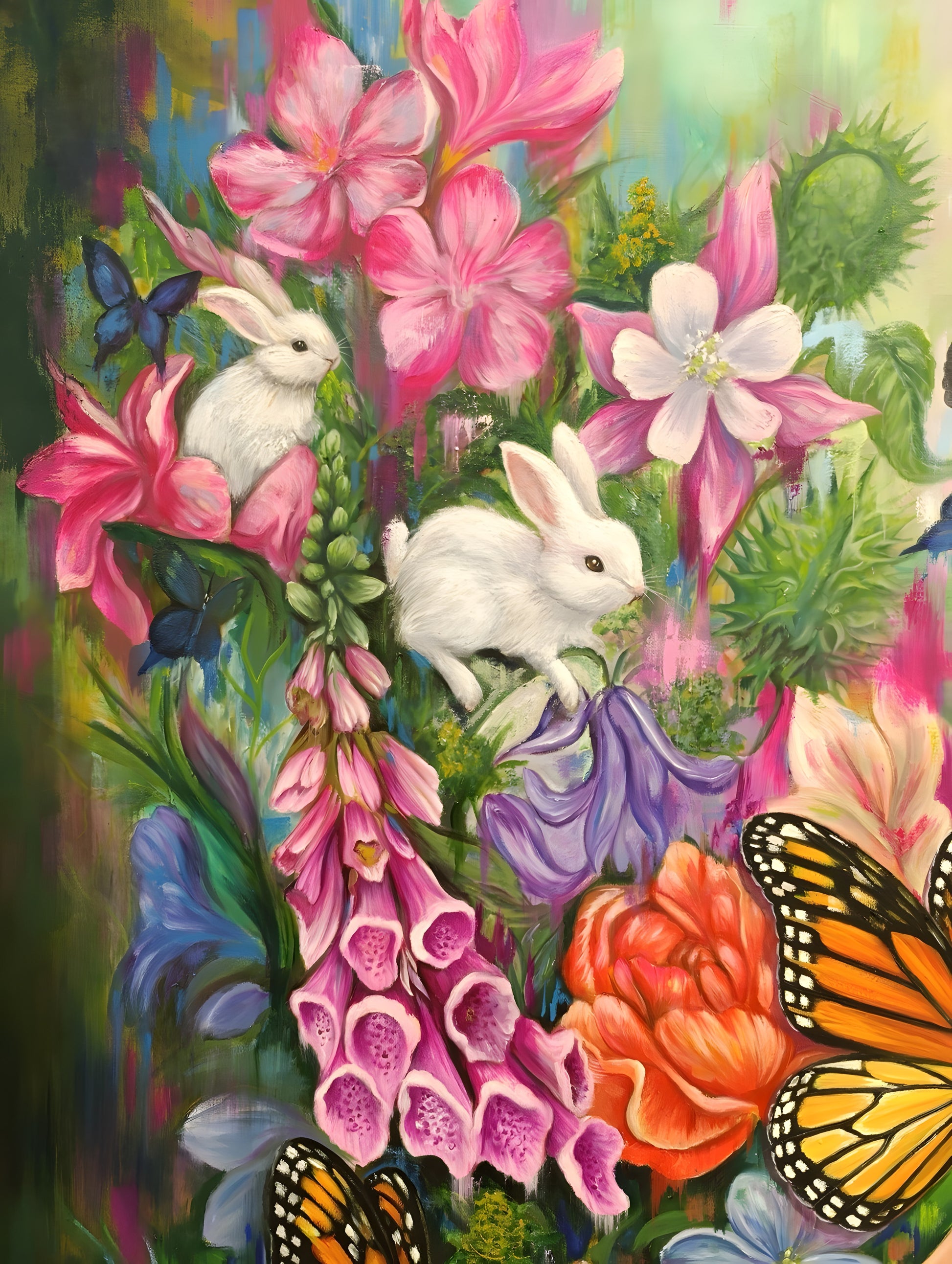 Painting detail: two white rabbits perched among pink foxgloves, columbines and lilies with blue butterflies and a monarch - Ecstasy in a Temporary Paradise