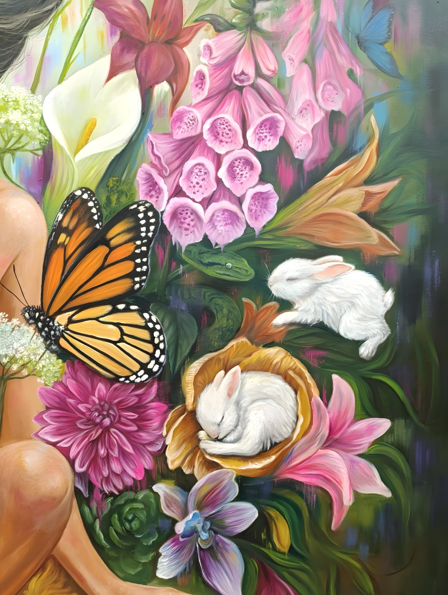Painting detail: a monarch butterfly beside pink foxgloves, a calla lily and two white rabbits, one asleep in a golden bloom - Ecstasy in a Temporary Paradise