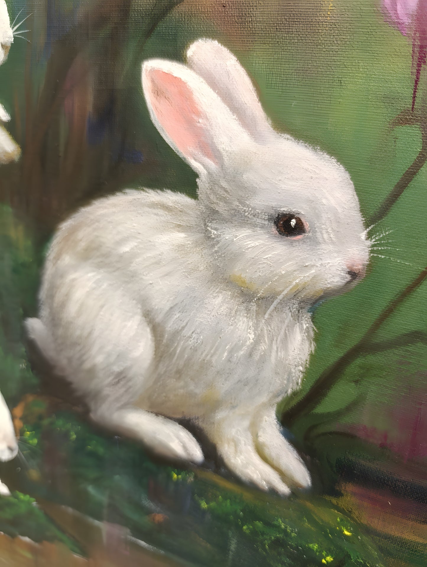 Painting detail: close-up of a single white rabbit painted in soft impasto against deep green foliage - Ecstasy in a Temporary Paradise by Phaedra
