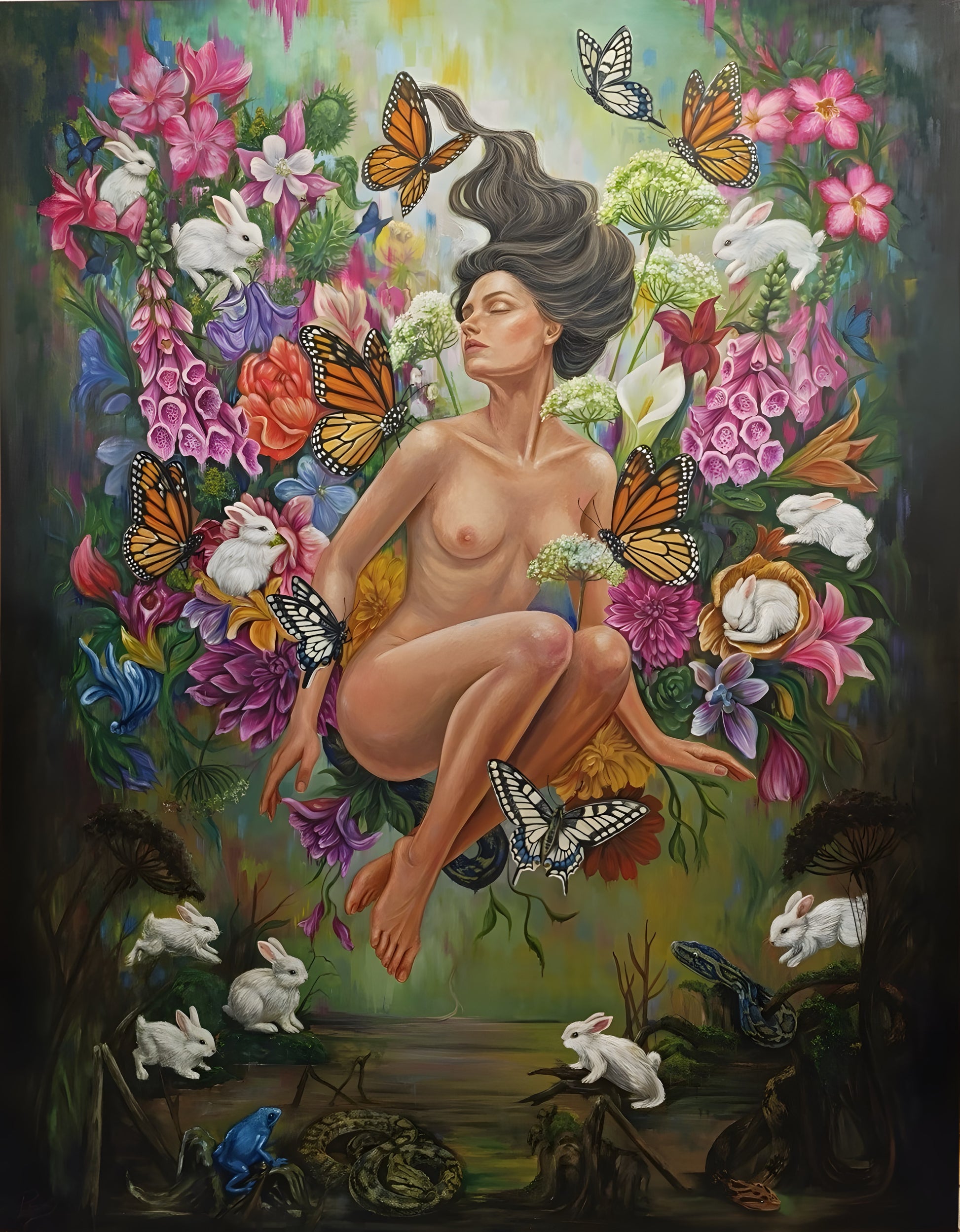 Ecstasy in a Temporary Paradise by Phaedra - original oil painting on canvas, 140x180 cm: a nude woman floats cross-legged inside a wreath of foxgloves, lilies and dahlias with monarch butterflies and white rabbits, dark swamp below