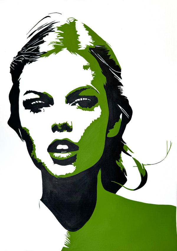 Nahira acrylic portrait of a woman with black hair and facial shadows on paperboard. Green and white background.