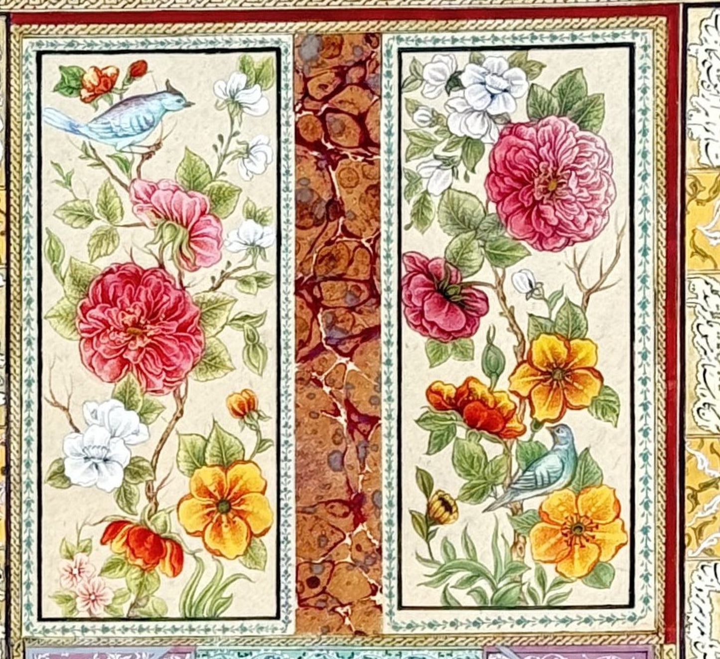 Detail of the two gol-o-morgh flower-and-bird panels - crimson and pink roses, white blossoms and yellow and orange poppies, with a blue-grey songbird perched at the top, a teal bird below and a bee in flight, the two panels divided by a strip of orange marbled paper. Muraqqa': The Gold Shamseh, Kamal al-Din Ghotb.