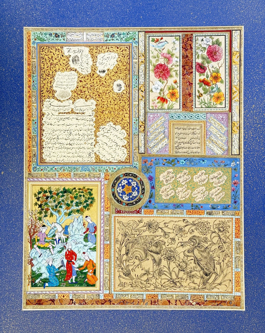 Muraqqa': The Gold Shamseh by Kamal al-Din Ghotb - the full Persian miniature album page: a gold shamseh medallion at the centre, an illuminated gold calligraphy panel with cloud-shaped reserves, two rose-and-bird panels, a falconry scene on gold ground and a black-ink drawing of birds among foliage. Oil and gold on paper, 30 x 40 cm.