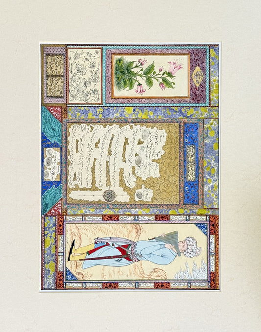 Muraqqa': The Blue Robe by Kamal al-Din Ghotb - an album page with a botanical study of pink lilies, a black-ink bird-and-flower drawing, a gold-ground calligraphy panel with oval seals, and a youth in a pale blue robe playing the panpipes, set in marbled-paper and illuminated borders. Persian miniature in oil and gold on paper, 30 x 40 cm.