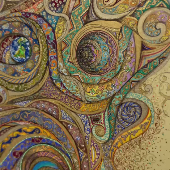 Video of Celestial Garden by Darya: a slow close-up pass across the gold spirals, floral bands and painted planets, ending on the full artwork