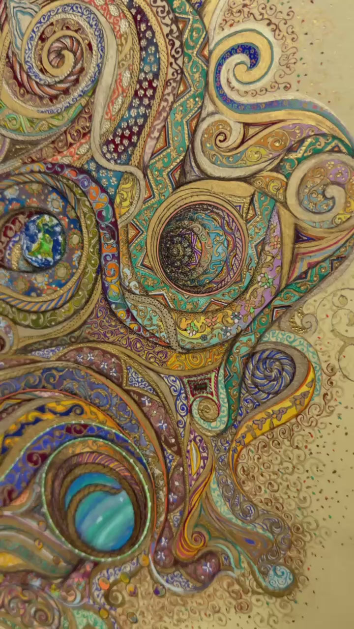 Video of Celestial Garden by Darya: a slow close-up pass across the gold spirals, floral bands and painted planets, ending on the full artwork