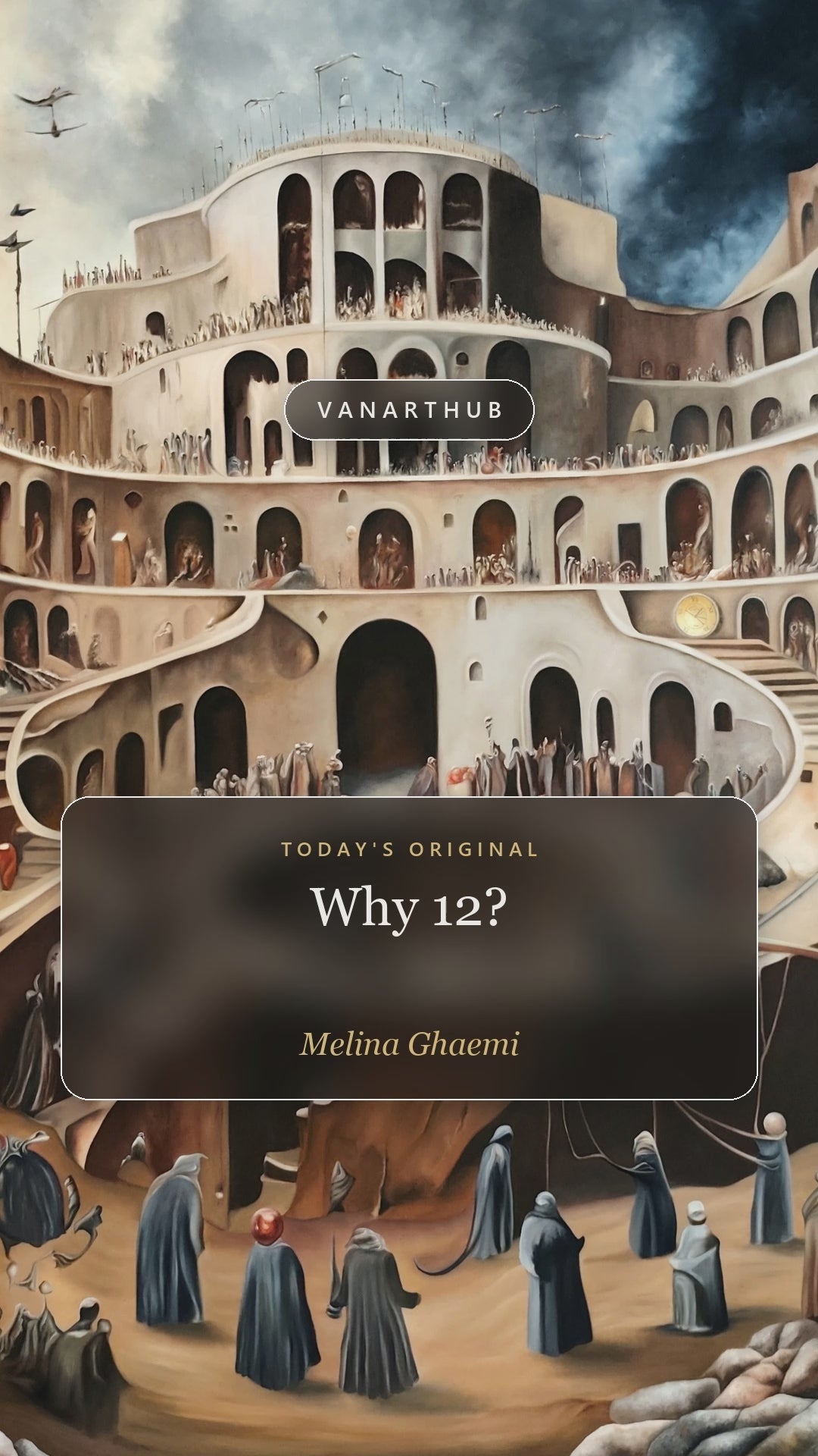 Why 12? by Melina Ghaemi - a slow pan across the finished oil painting, moving over the tiered rock-cut city, the crowds of cloaked figures and the golden clock at its centre.