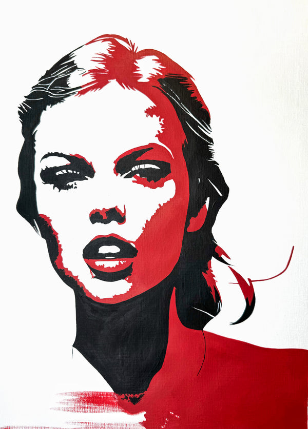 A bold, high-contrast portrait of a woman with black and red shapes on a white background, acrylic on paperboard by Nahira.