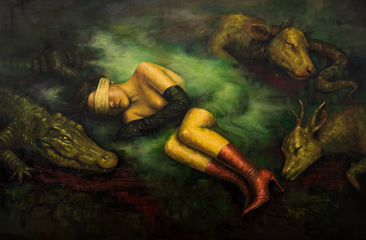 Second Skin by Phaedra, original oil on canvas: a blindfolded woman in long black leather gloves and red high-heeled boots sleeps in green mist among a sleeping crocodile, python, calf and antelope