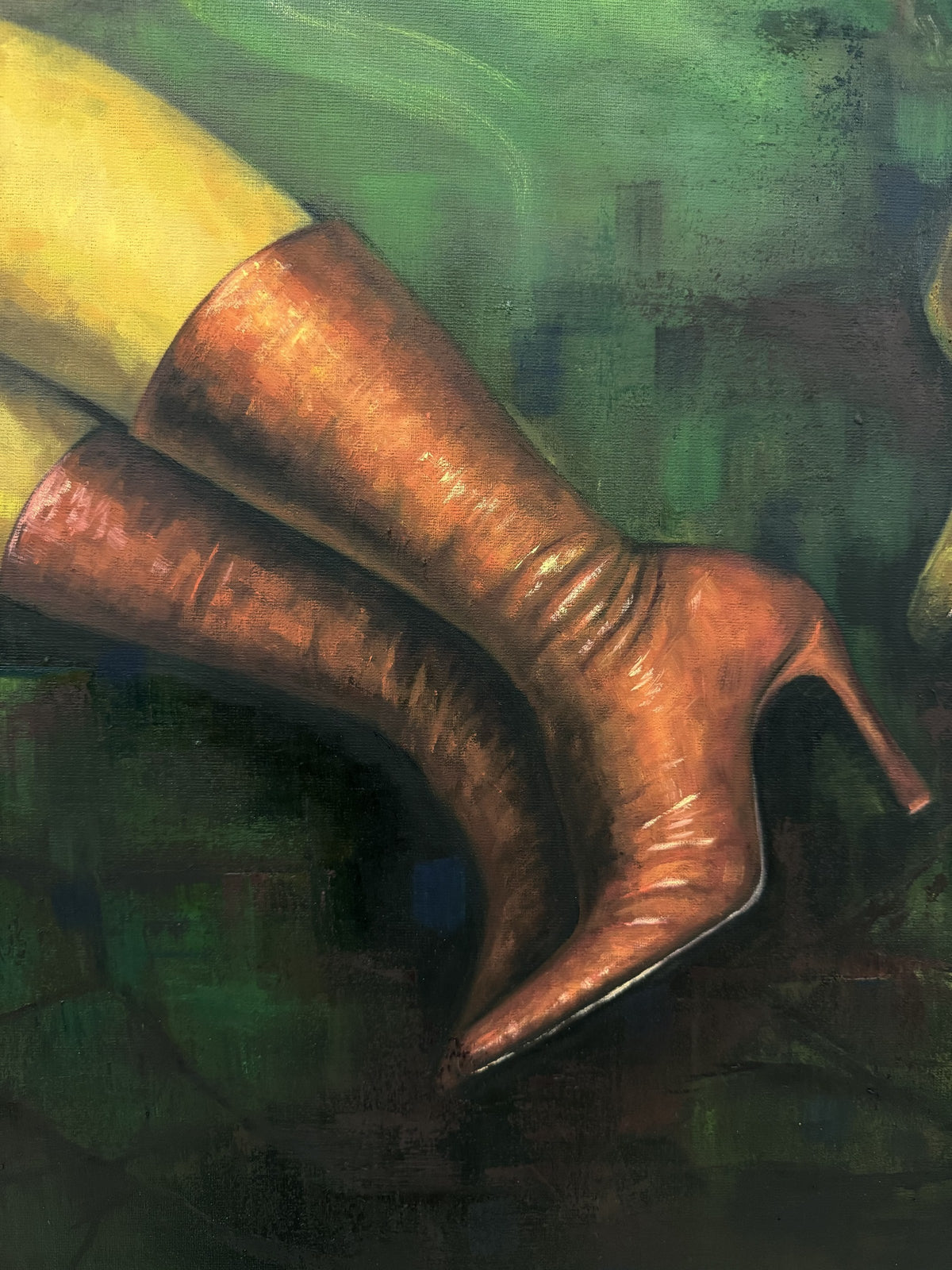 Detail of Second Skin by Phaedra: red crocodile-textured high-heeled boots with glossy highlights against a green background