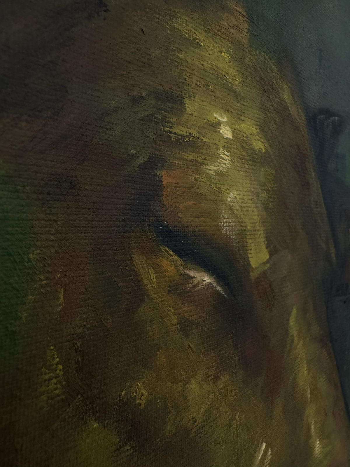 Detail of Second Skin by Phaedra: loose olive and brown brushwork of the sleeping calf's head with its eye closed